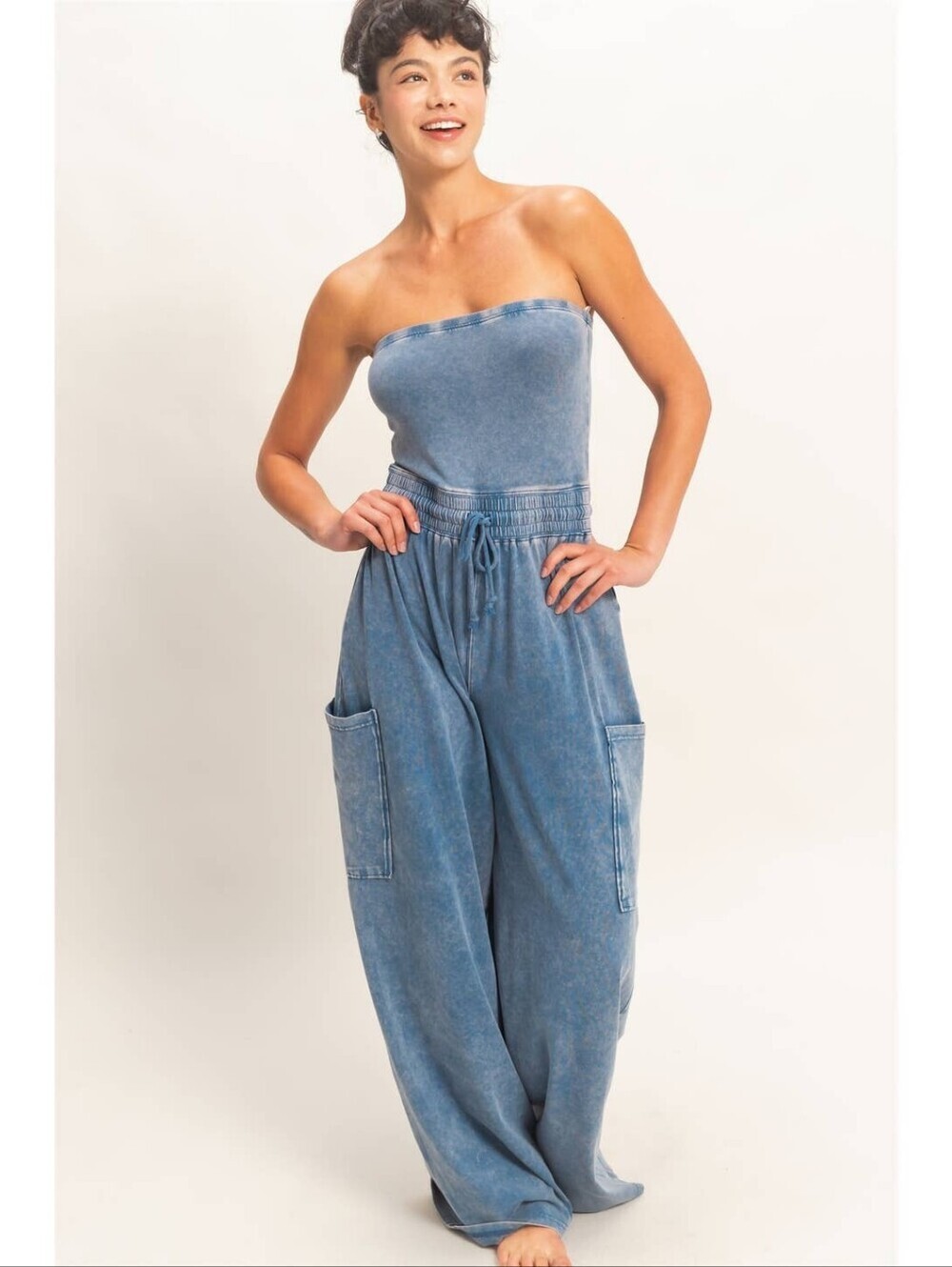 Double Zero Navy Acid Wash Tube Top Cargo French Terry Jumpsuit